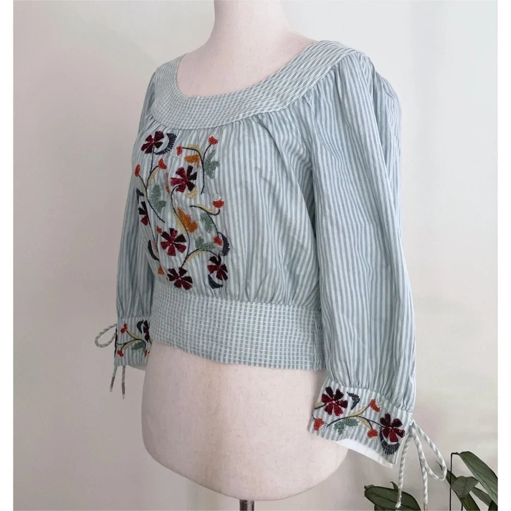 NWT by Anthropologie Pinstriped Beaded Embroidered Floral Puff-Sleeved Blouse XS